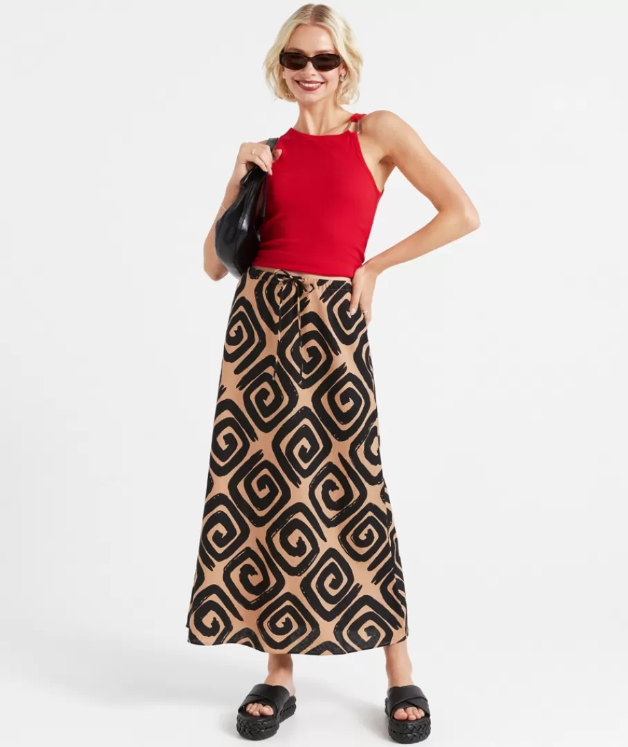 Sportsgirl Skirts | Linen<EBONY PRINTED LINEN BLEND DRAWSTRING MIDI SKIRT