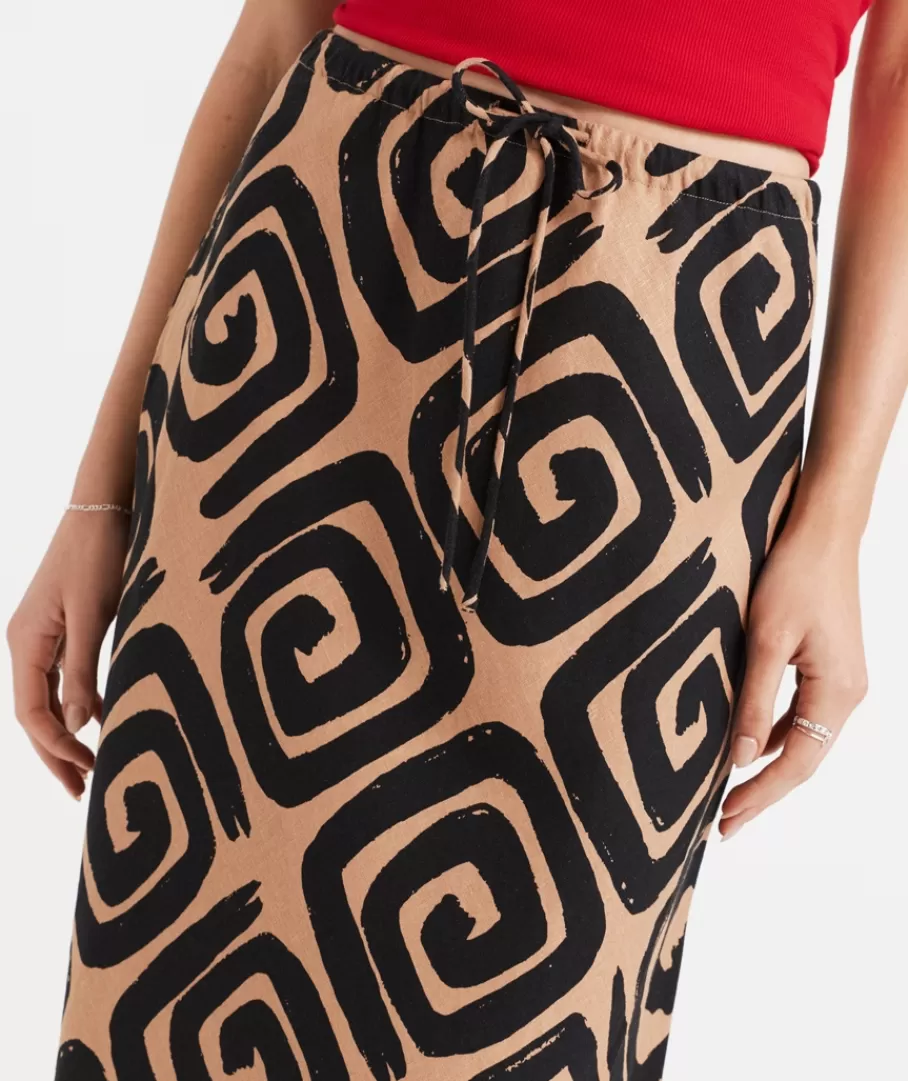 Sportsgirl Skirts | Linen<EBONY PRINTED LINEN BLEND DRAWSTRING MIDI SKIRT