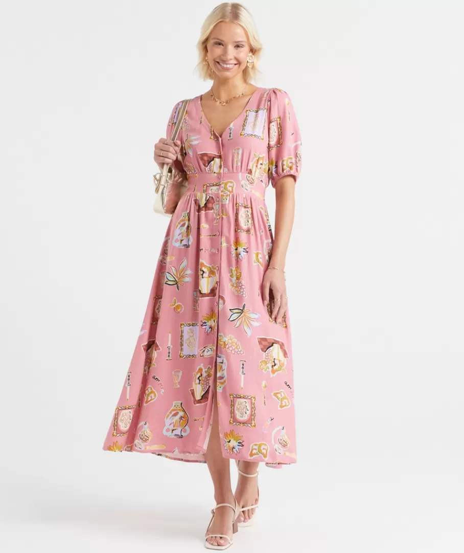 Sportsgirl Dresses | Linen<JOEY BUTTON PRINTED MIDI DRESS