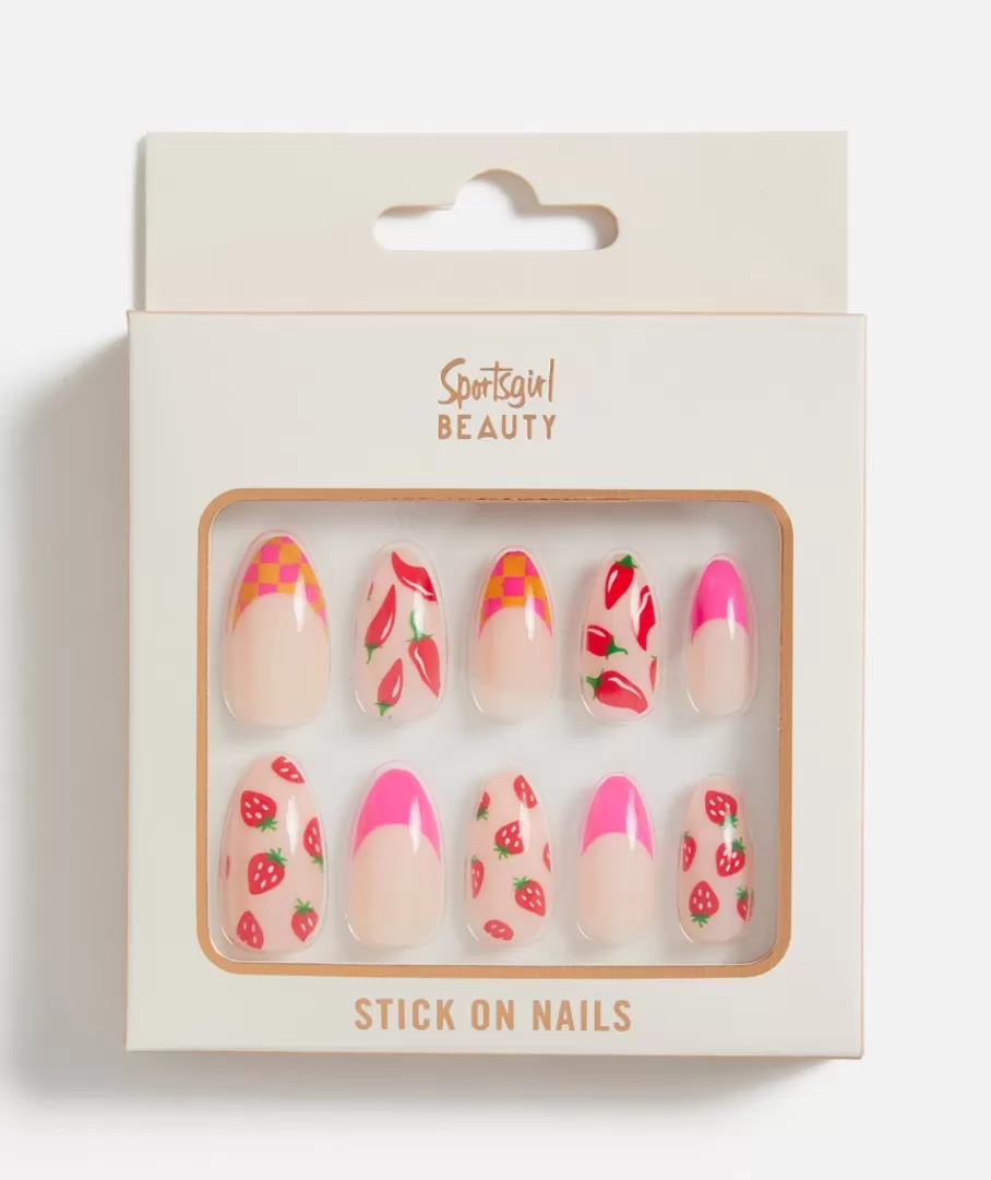 Sportsgirl Nails<STICK ON NAILS - ALMOND - STRAWBERRY CHECK